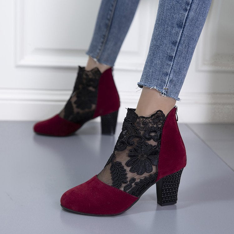Damen Elegante Schnürstiefeletten mit floralem Spitzen-Design und blockiertem Absatz R&B