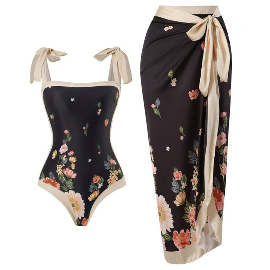 Damen Eleganter Badesuit mit floralen Akzenten und modischem Wickelrock R&B