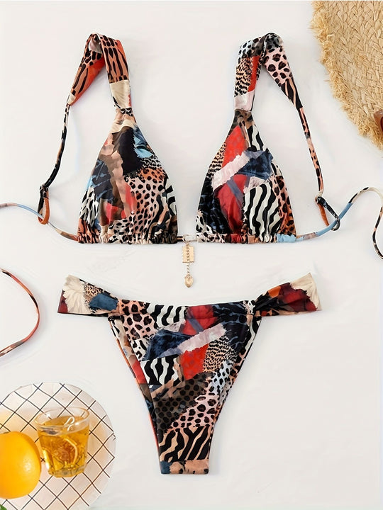 Damen Triangel-Bikini mit tierischem Muster und verstellbaren Trägern R&B