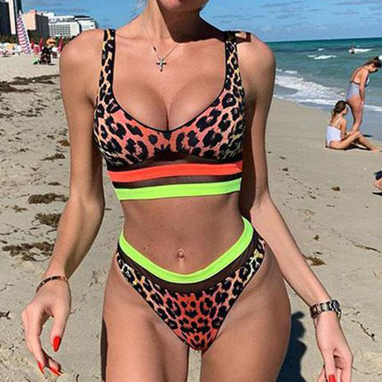 Damen Sportliches Bikini-Set mit hohem Bund und modischem Muster R&B