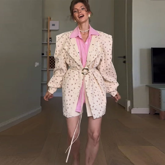 Damen Modische Oversized Blazerjacke mit Bindegürtel und Puffärmeln R&B