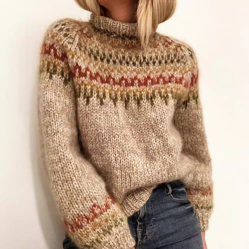 Damen Grober Strickpullover mit hohem Kragen und einzigartigem Muster R&B