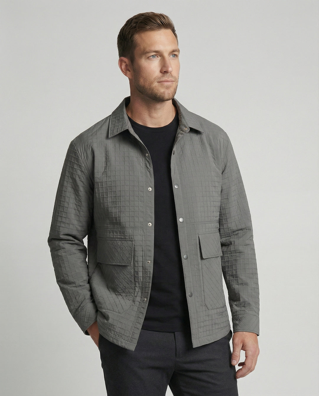 Herren gesteppte Hemdjacke mit Karosteppung Druckknopfleiste und aufgesetzten Pattentaschen R&B