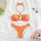 Damen Bandeau-Bikini mit zeitlosem Streifenmuster und eleganter Schnürung R&B