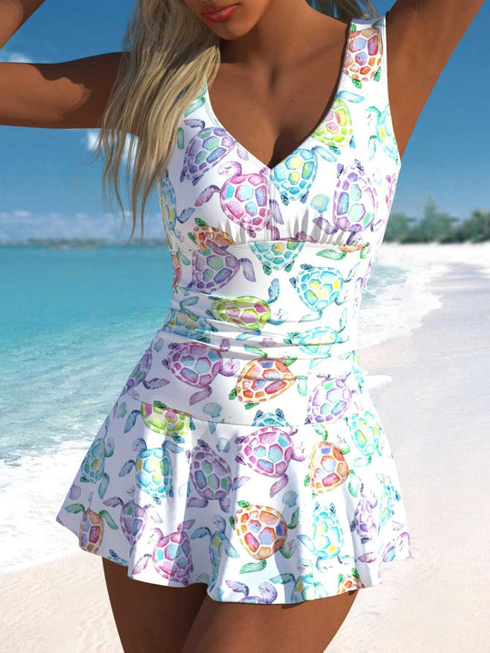 Damen Schwimmdress mit fröhlichem Schildkrötenmotiv und elegantem Rocksaum R&B
