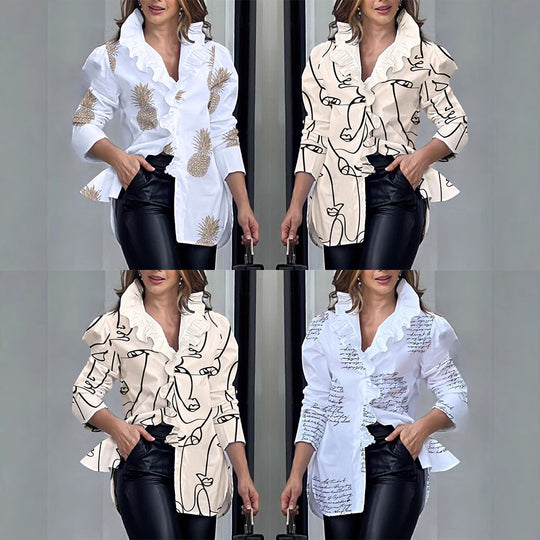Damen modische Bluse mit voluminösen Rüschen und Schriftzug R&B