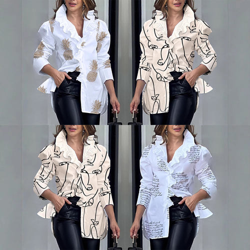 Damen modische Bluse mit voluminösen Rüschen und Schriftzug R&B