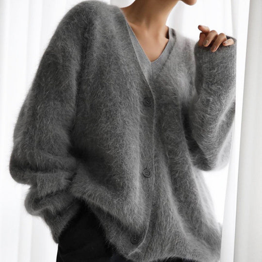 Damen flauschiger Cardigan mit V-Ausschnitt und übergroßem Schnitt R&B