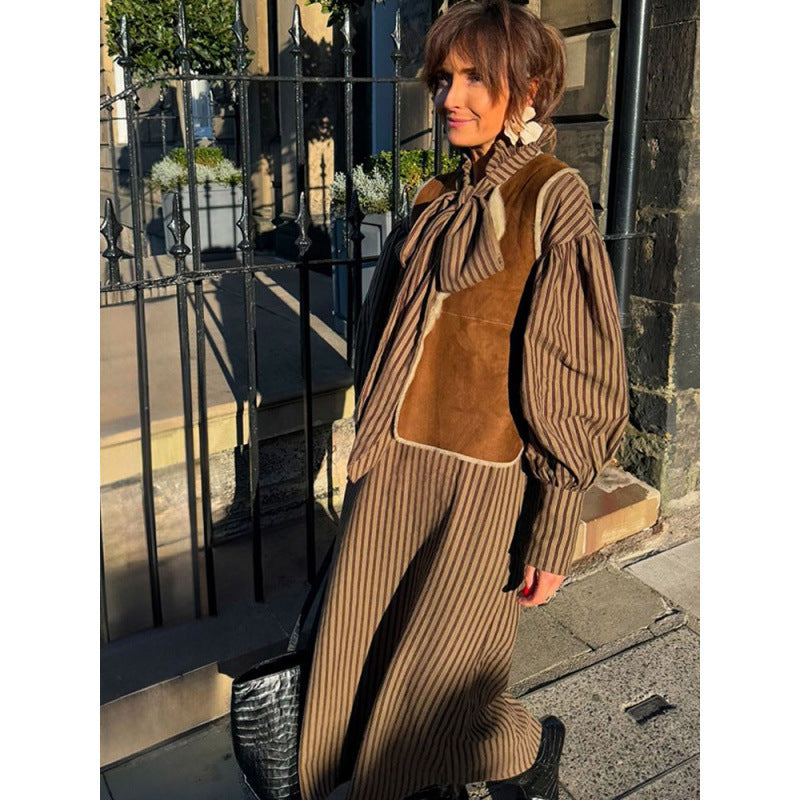 Damen Maxikleid mit eleganten Puffärmeln und schickem Schlips R&B