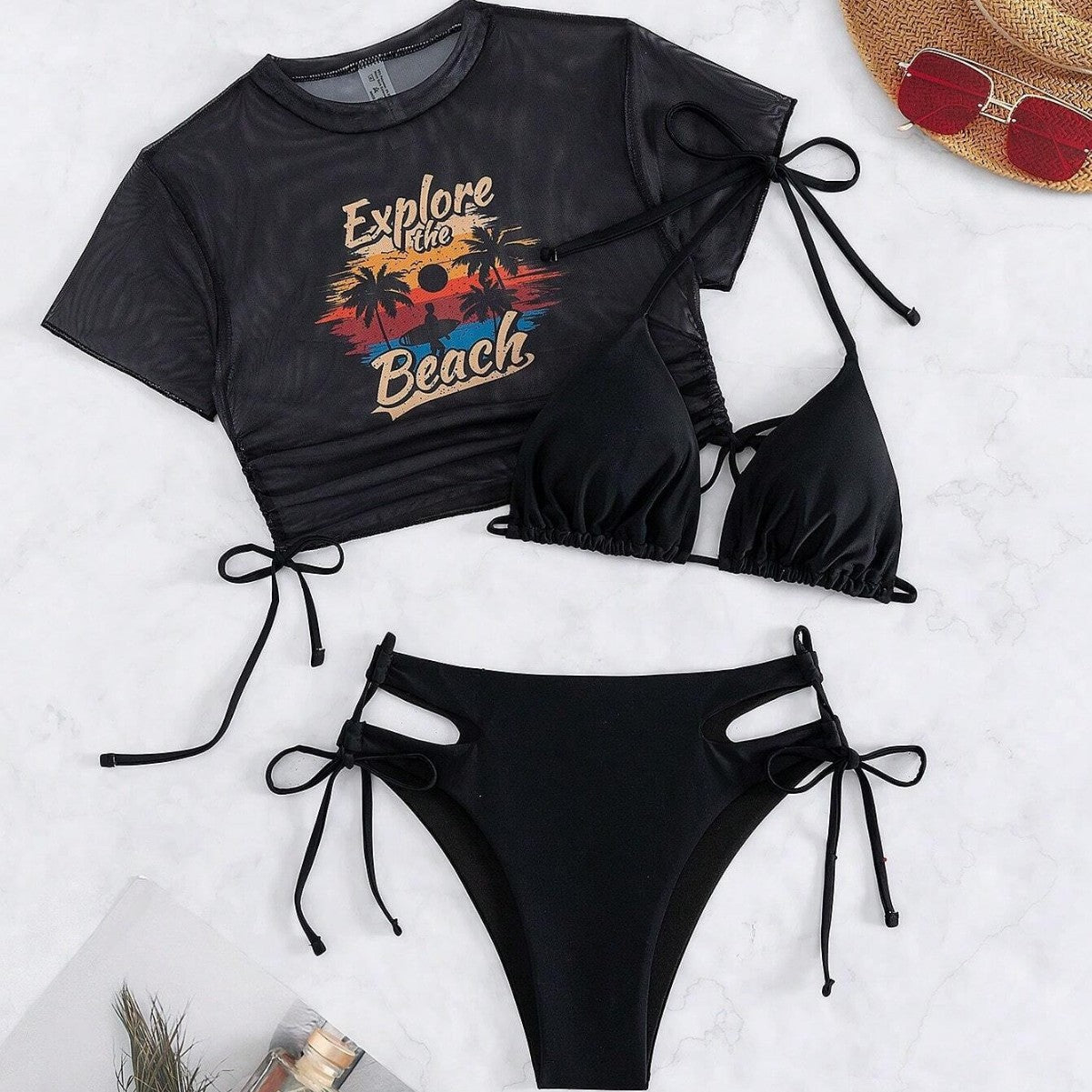 Damen Sportiv transparentes Strand-Top mit grafischem Druck R&B