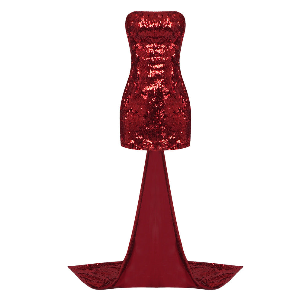Damen Glitzerndes Abendkleid mit Schleppe und trägerlosem Design R&B