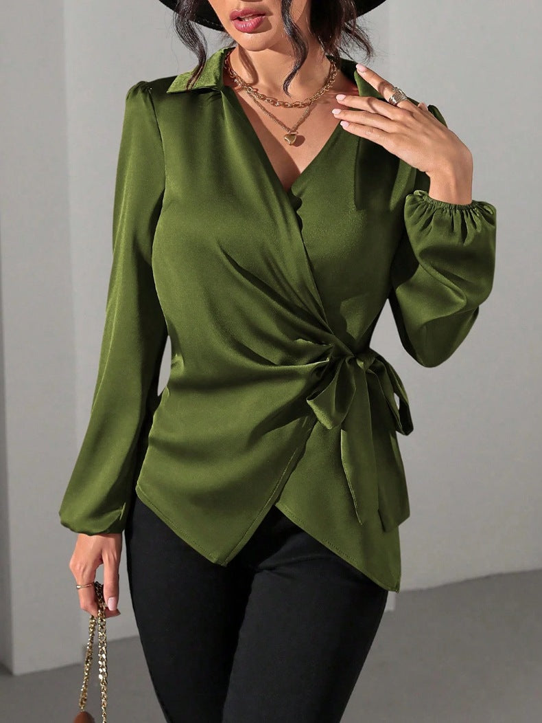 Damen Wickelbluse mit elegantem Taillengürtel und Puffärmeln R&B