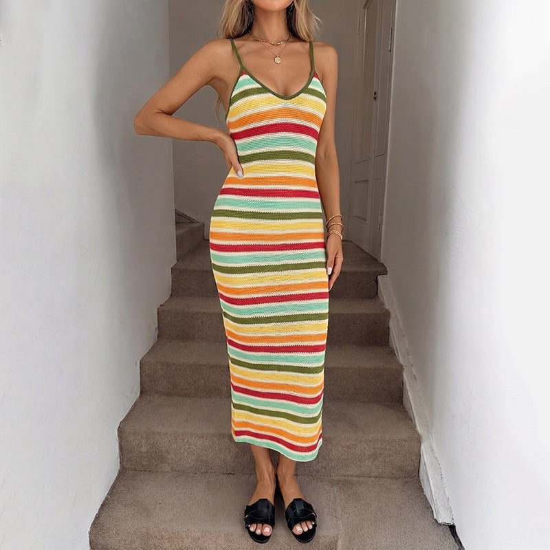 Damen Strick-Kleid im lässigen Streifenmuster mit schmalen Spaghetti-Trägern R&B