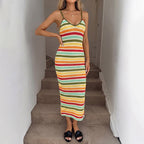 Damen Strick-Kleid im lässigen Streifenmuster mit schmalen Spaghetti-Trägern R&B