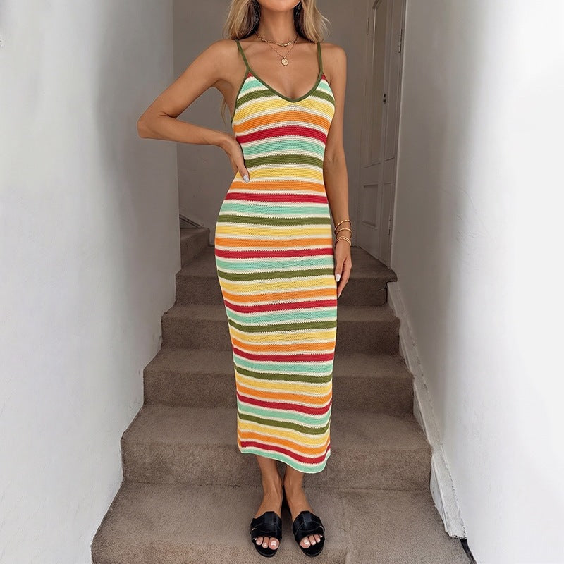 Damen Strick-Kleid im lässigen Streifenmuster mit schmalen Spaghetti-Trägern R&B