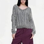 Damen Grob gestrickter Pullover mit V-Ausschnitt und voluminösen Ärmeln