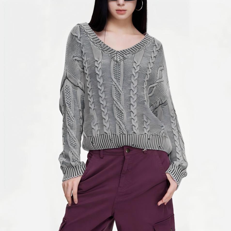 Damen Grob gestrickter Pullover mit V-Ausschnitt und voluminösen Ärmeln