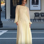 Damen Elegantes Plissiertes Maxikleid mit Raffungen und langen Ärmeln R&B
