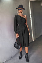 Damen Midikleid mit asymmetrischem One-Shoulder-Design und elastischem Taillengürtel R&B