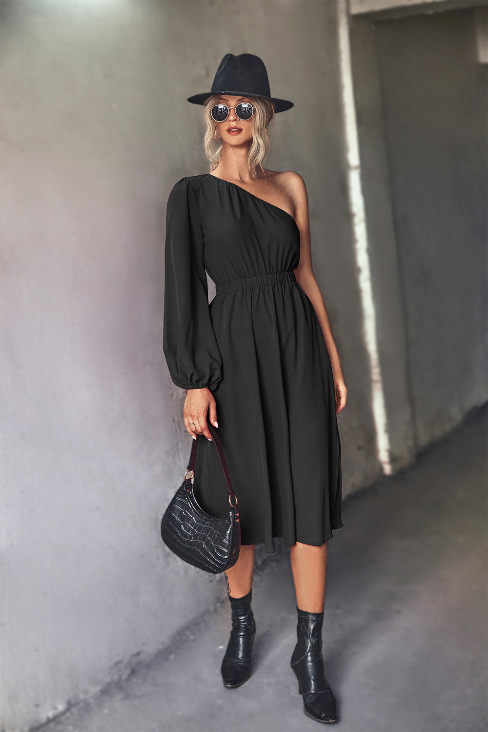 Damen Midikleid mit asymmetrischem One-Shoulder-Design und elastischem Taillengürtel R&B