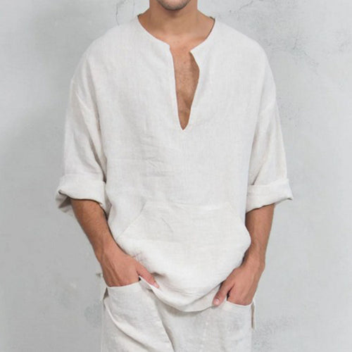 Herren lässiges Leinenoberteil mit Henley-Ausschnitt und praktischer Kängurutasche R&B