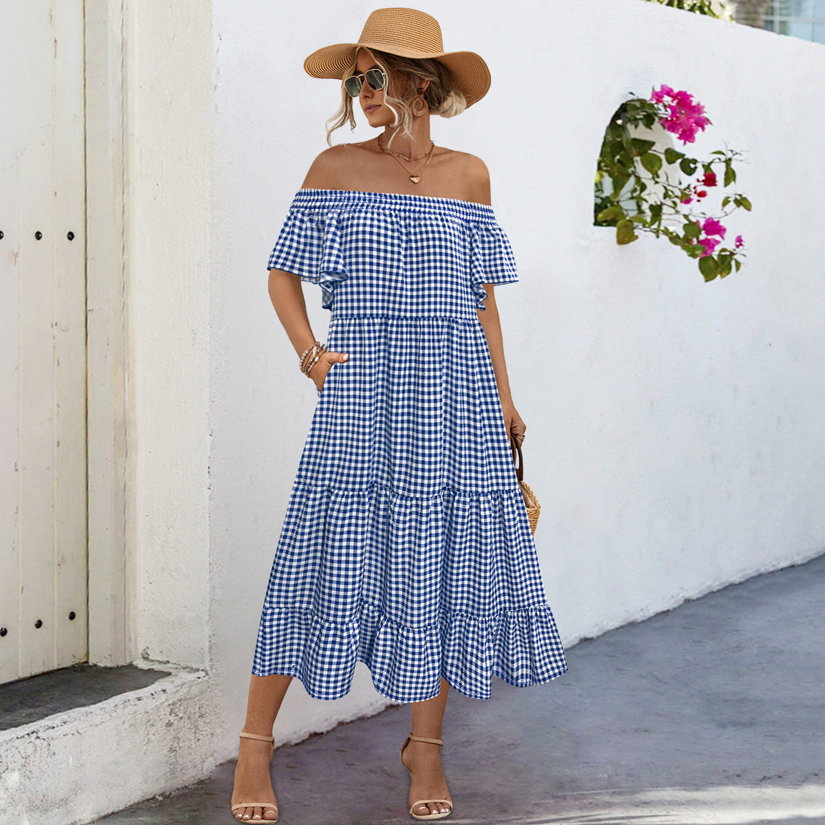 Damen Off-Shoulder Maxikleid mit raffinierten Rüschendetails und lockerer A-Linien-Silhouette R&B