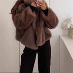Damen stylischer Kunstfellmantel mit breitem Kragen R&B