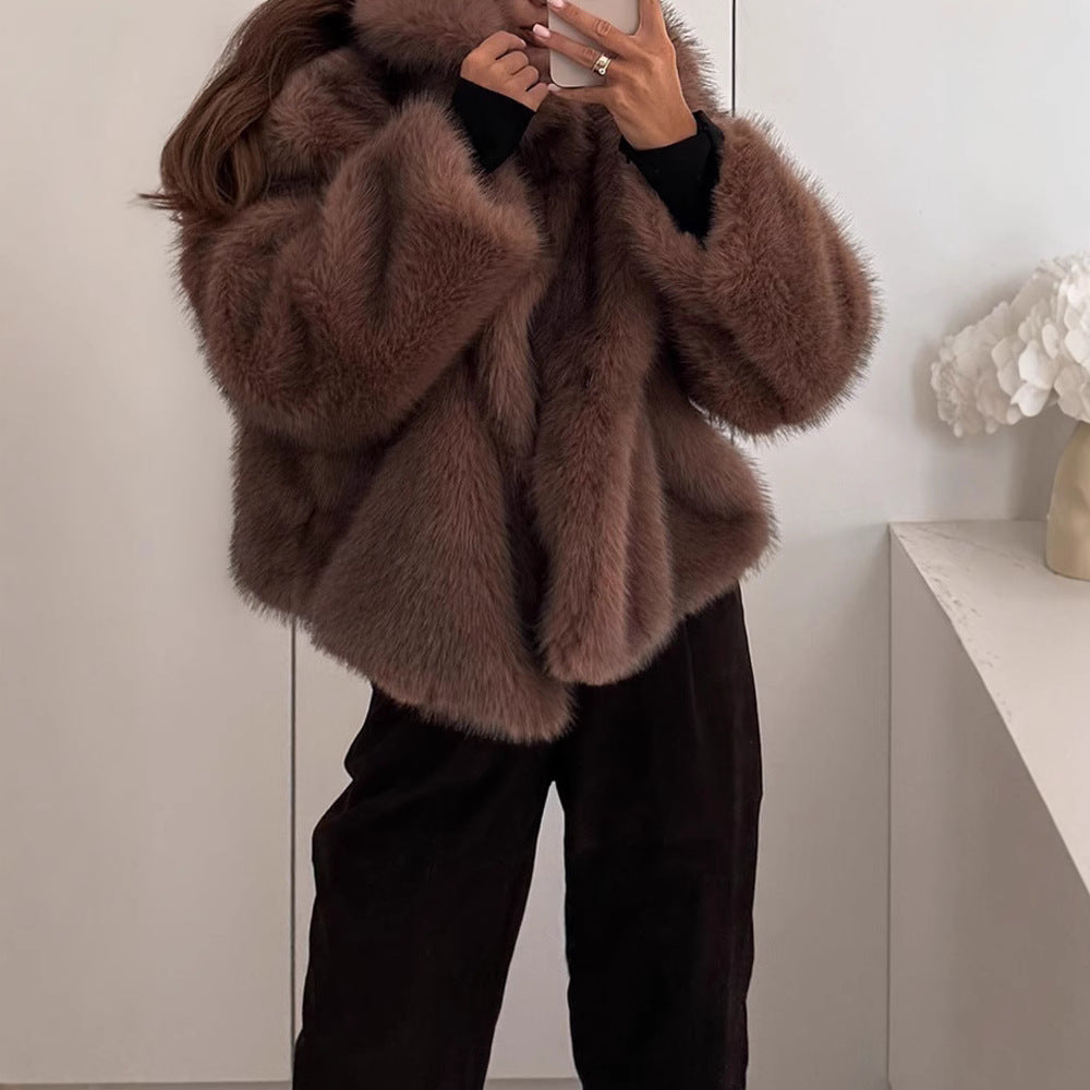 Damen stylischer Kunstfellmantel mit breitem Kragen R&B