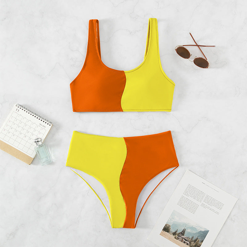 Damen Hochgeschnittenes Bikini-Set mit kontrastierenden Farbblöcken R&B