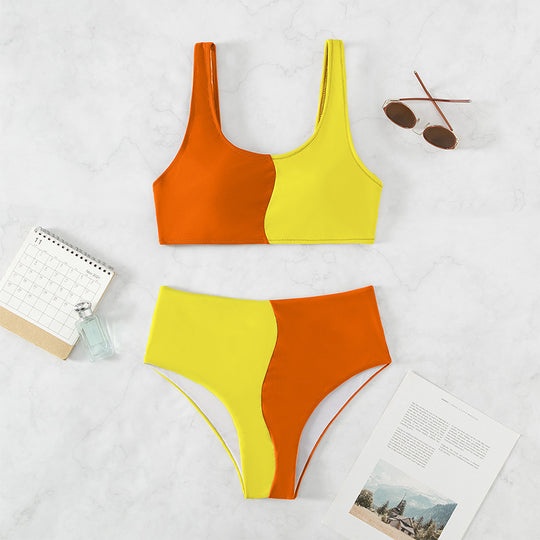 Damen Hochgeschnittenes Bikini-Set mit kontrastierenden Farbblöcken R&B