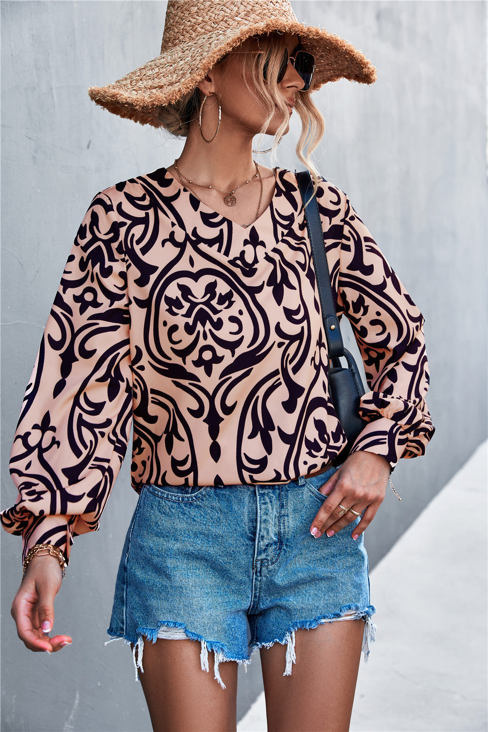 Damen Bluse mit elegantem Barockmuster und lässigen Puffärmeln R&B