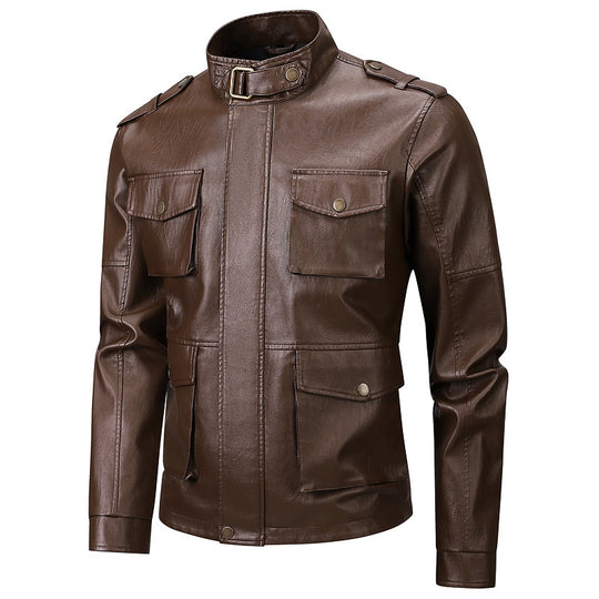 Herren Militärjacke aus Kunstleder mit praktischen Taschen und hohem Kragen R&B