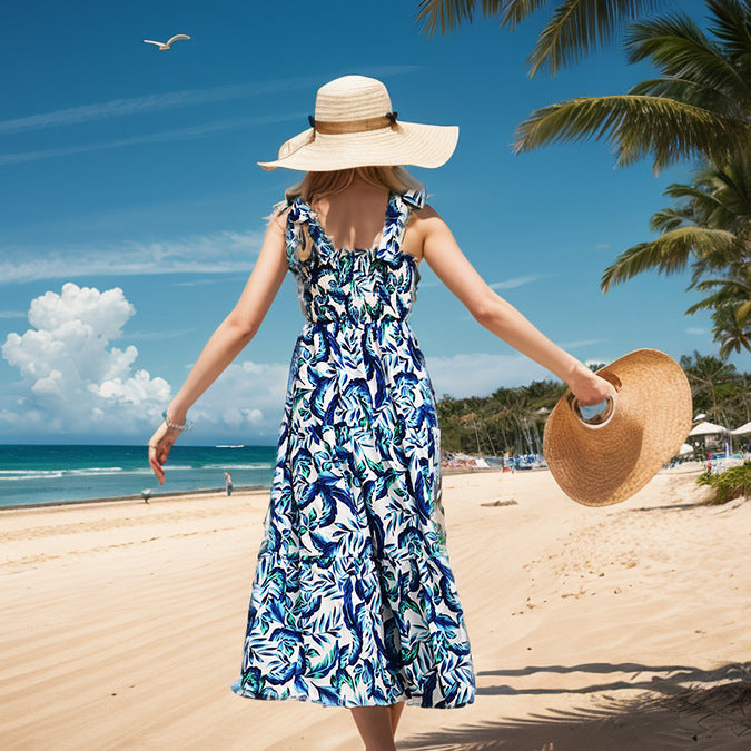 Damen Strandkleid mit floralem Muster und schwingendem Rock R&B
