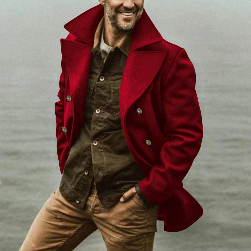 Herren eleganter, klassischer Wollmantel mit doppelter Knopfleiste und hohem Kragen R&B