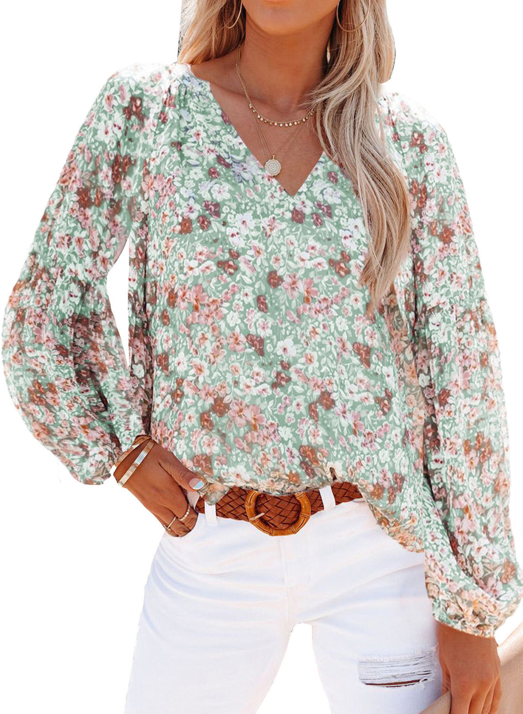 Damen Bluse mit floralen Mustern und V-Ausschnitt R&B