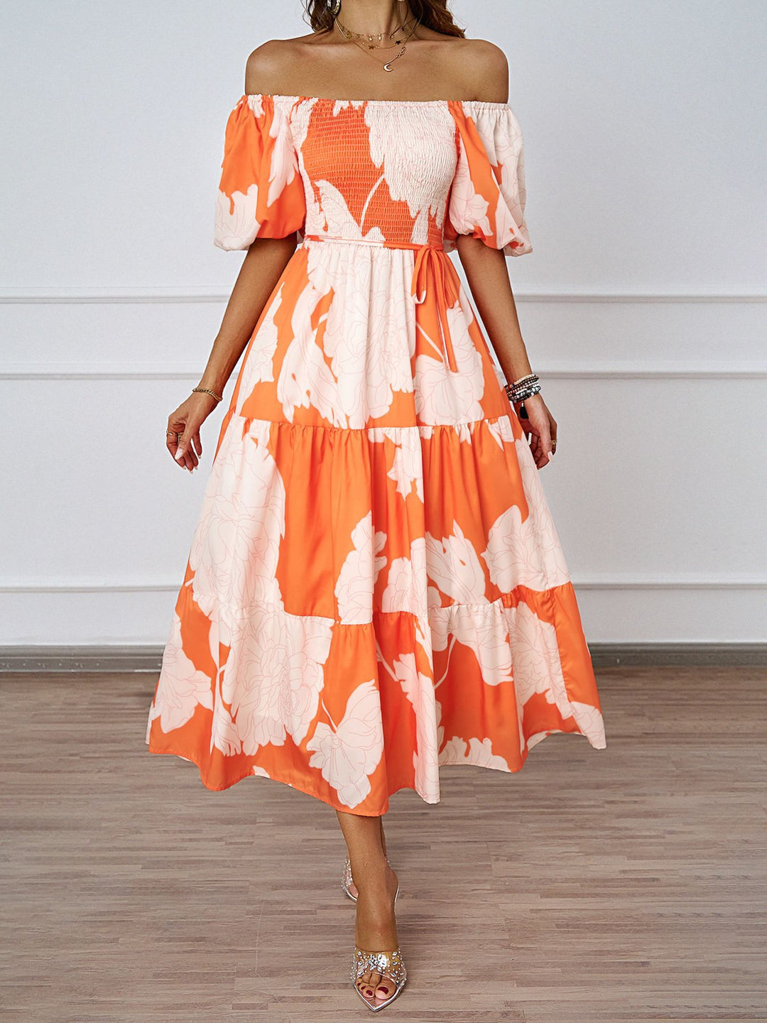 Damen Sommerkleid mit elegantem Puffärmel-Design und floralem Muster R&B
