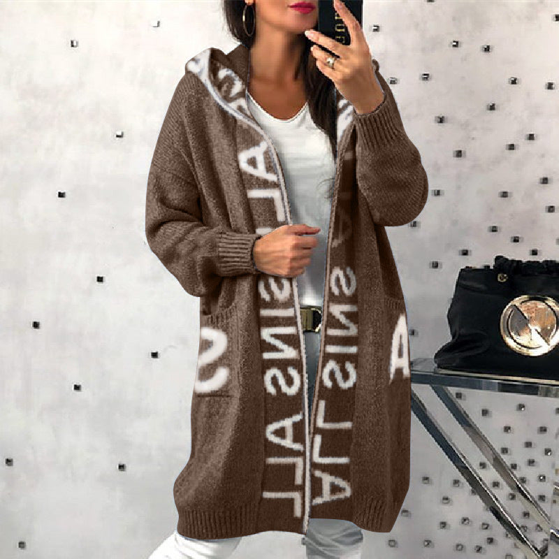 Damen Langarm-Strickcardigan mit Kapuze und praktischen Taschen R&B