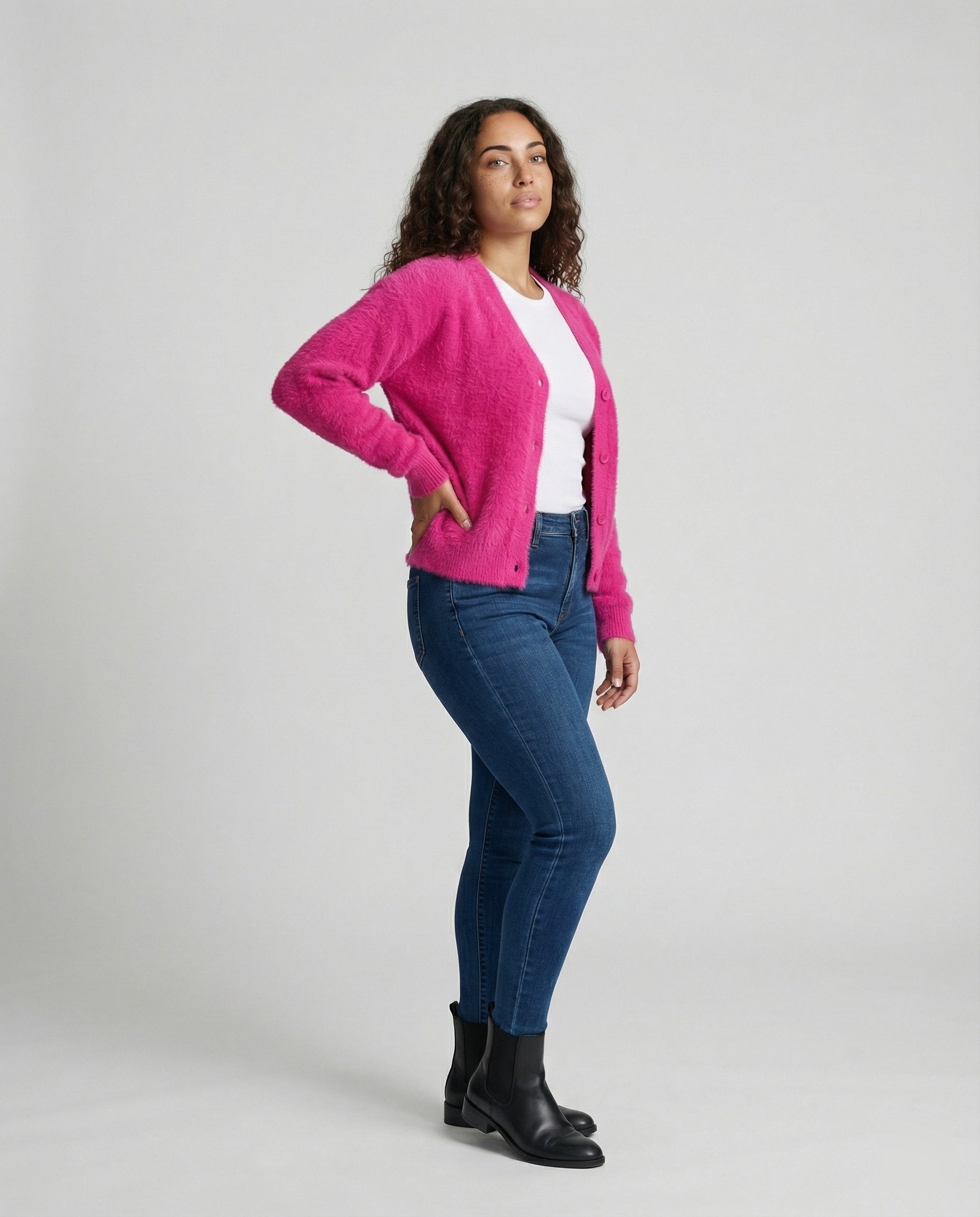 Damen Flauschiger V-Ausschnitt Cardigan mit Knopfdetail