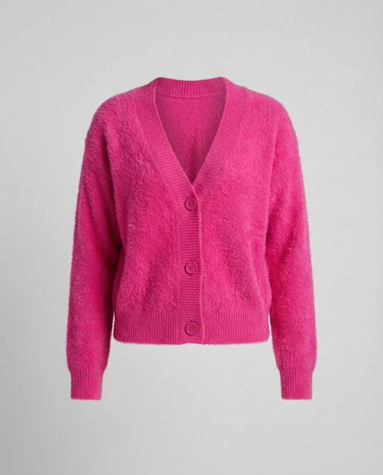 Damen Flauschiger V-Ausschnitt Cardigan mit Knopfdetail R&B