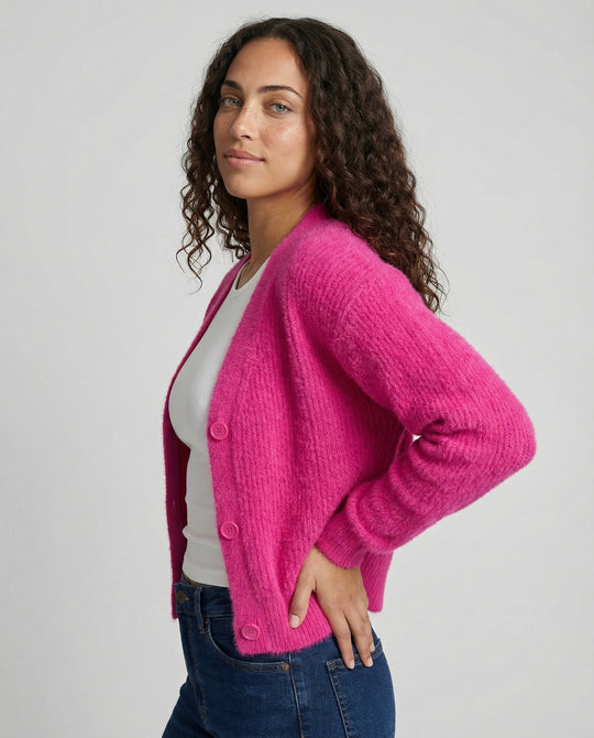 Damen Flauschiger V-Ausschnitt Cardigan mit Knopfdetail R&B