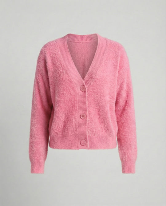Damen Flauschiger V-Ausschnitt Cardigan mit Knopfdetail R&B