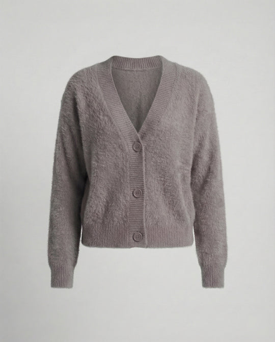 Damen Flauschiger V-Ausschnitt Cardigan mit Knopfdetail R&B