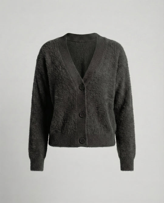 Damen Flauschiger V-Ausschnitt Cardigan mit Knopfdetail R&B