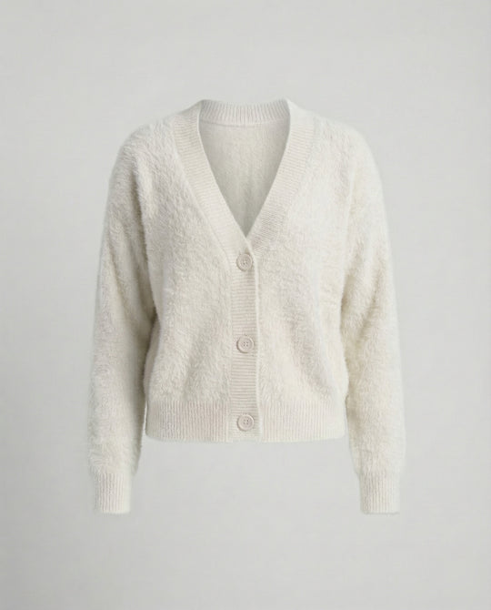 Damen Flauschiger V-Ausschnitt Cardigan mit Knopfdetail R&B