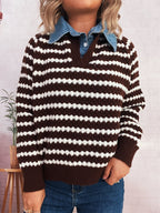 Damen Strickpullover mit tiefem V-Ausschnitt und markantem Streifenmuster R&B