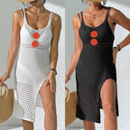 Damen Häkel-Strandkleid mit sexy Schlitz und Blumenapplikationen R&B