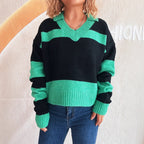 Damen Strickpullover mit modischen Streifen und V-Ausschnitt R&B