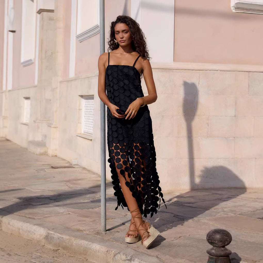 Damen Maxikleid mit dekorativen Häkelapplikationen und seitlichen Schlitzen R&B