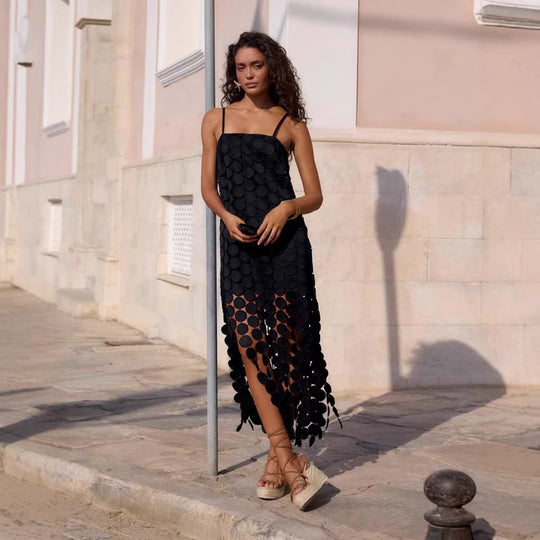Damen Maxikleid mit dekorativen Häkelapplikationen und seitlichen Schlitzen R&B