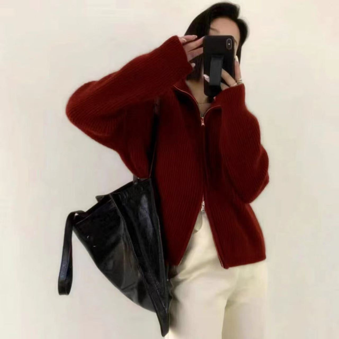 Damen Strickjacke mit hohem Kragen und durchgehendem Reißverschluss R&B